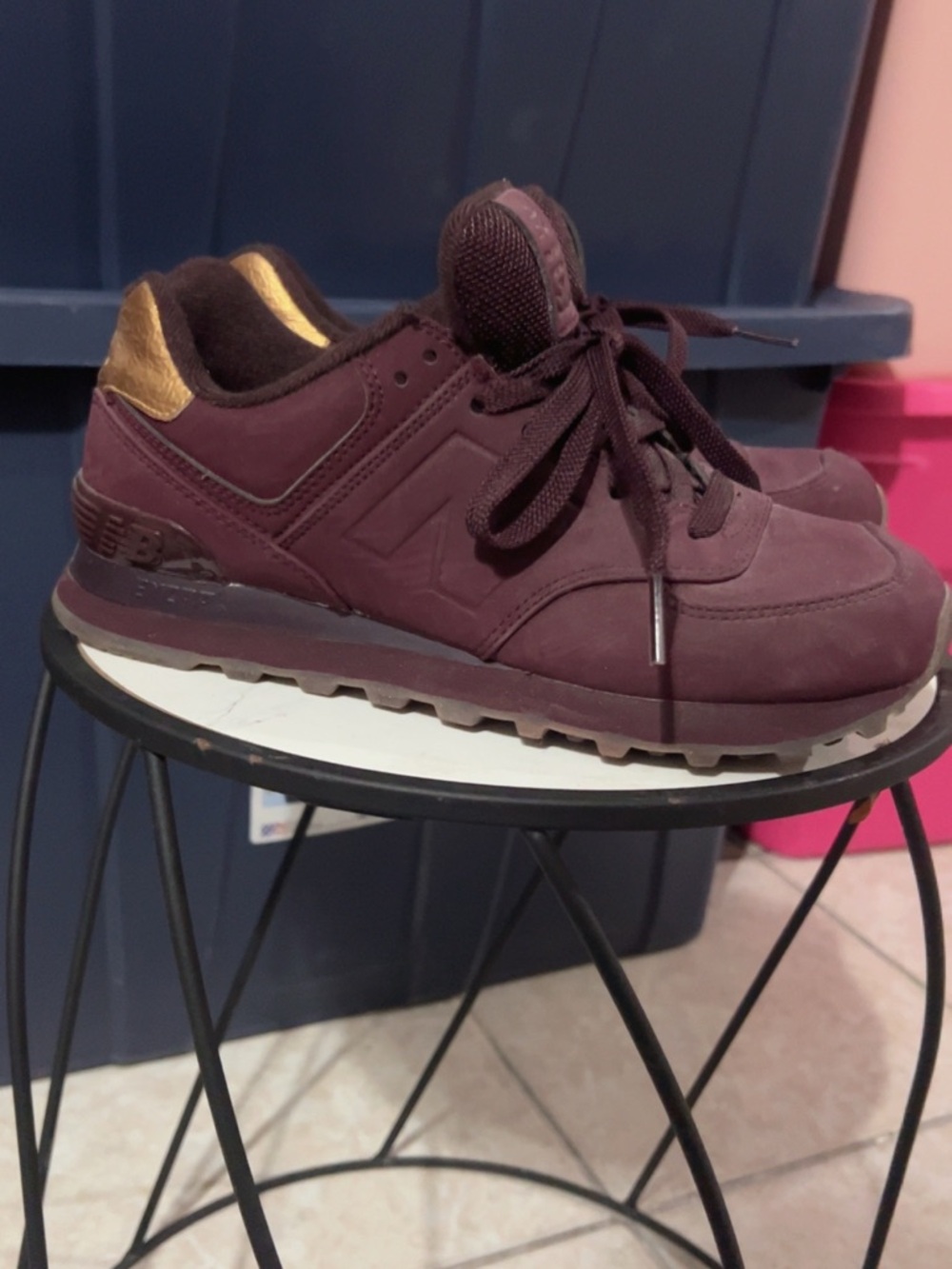 New Balance Burgundy Athletic Sneakers with Gold Heel Accent
